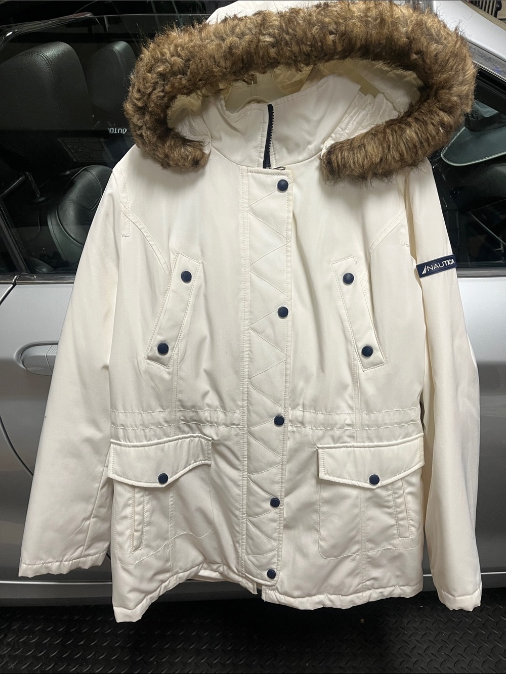 Nautica Cream Hooded Puffer Coat with Faux-Fur Trim
